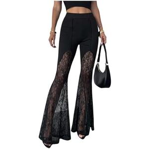GORGLITTER Women's Lace Going Out Pants Flare Mesh High Waisted Sexy Sheer Bell Bottom Trousers Leggings Rave Outfits Size L