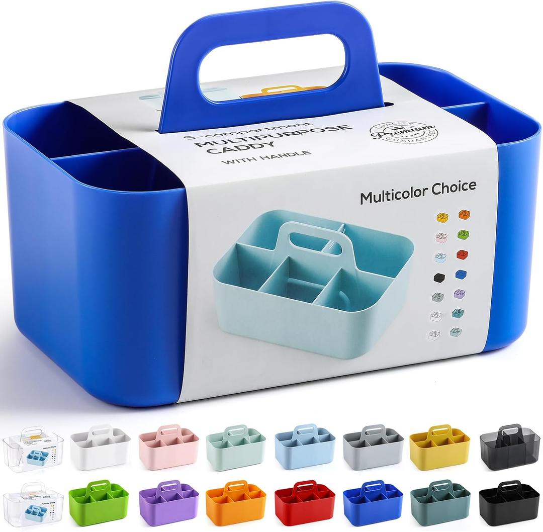 Multiuse Caddy Organizer with Handle, Portable Plastic Tote Bin - Art Craft, Stationary Pen Marker Crayons, Makeup Hair Supplies Storage - Bathroom, Classroom, Dorm, Office, Desk Holder - Dark Blue