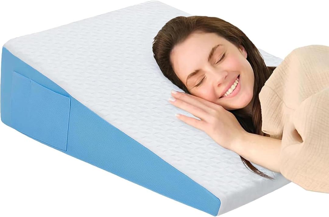 COLDHUNTER Wedge Pillow for Sleeping, 7.5" Bed Wedge After Surgery, Back Pain Relief, Memory Foam Pillow Triangle Incline Wedge for Back Support, Leg Elevation (White-blue)