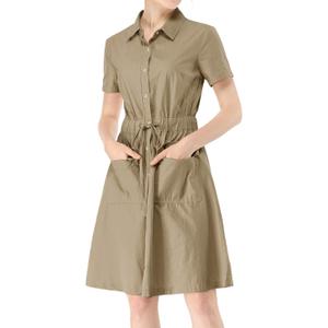 Allegra K Women's Button Down Shirt Dress Short Sleeve Casual Collared Cotton Drawstring Shirtdress Safari Dress X-Small
