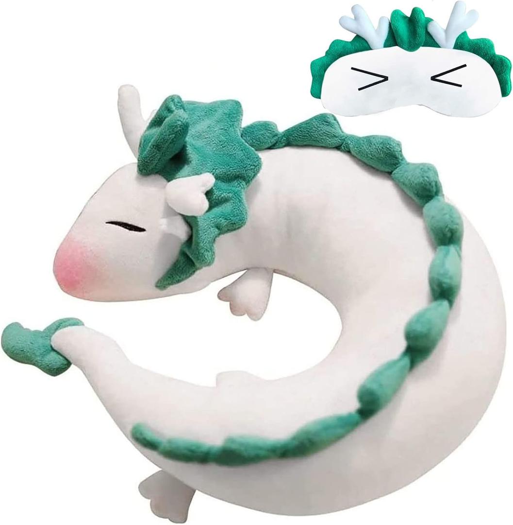 Dragon Neck Pillow Anime Cute Haku Dragon Pillow Anime Plush Doll Toy Kids Travel Pillows with Sleeping Eye Mask for Chrismas Birthday Gift