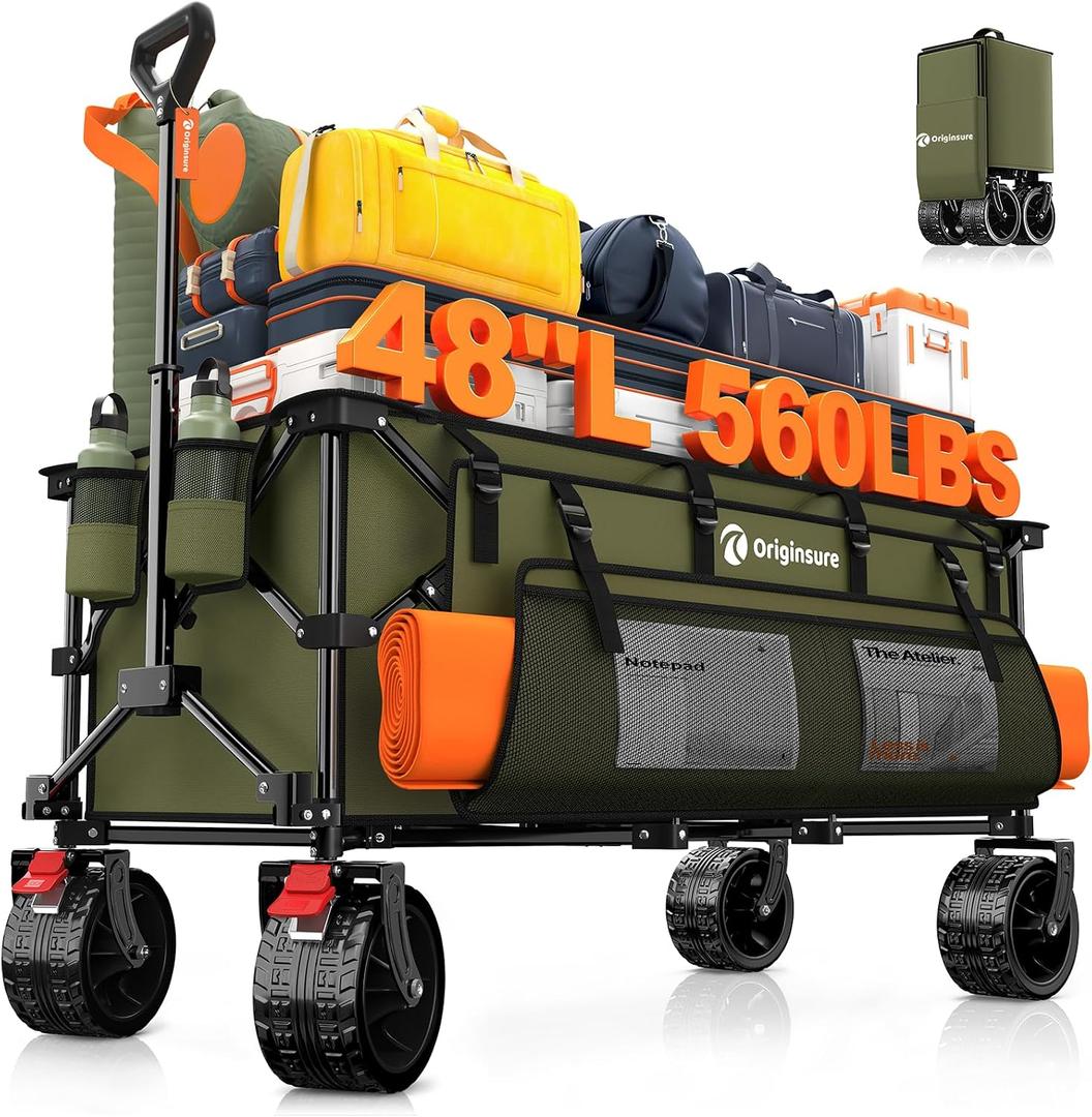 48" L Collapsible Wagon Cart Foldable, 560lbs Weight Capacity 300L Heavy Duty Folding Beach Wagons with Big All-Terrain Wheels, Utility Carts for Groceries, Shopping, Camping, Sports - Green