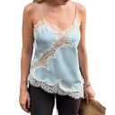 Women Satin Lace Cami Tops Y2k Asymmetrical Camisole Sexy Spaghetti Strap Side Slit Tank Top Trendy Going Out Tops Blue, M