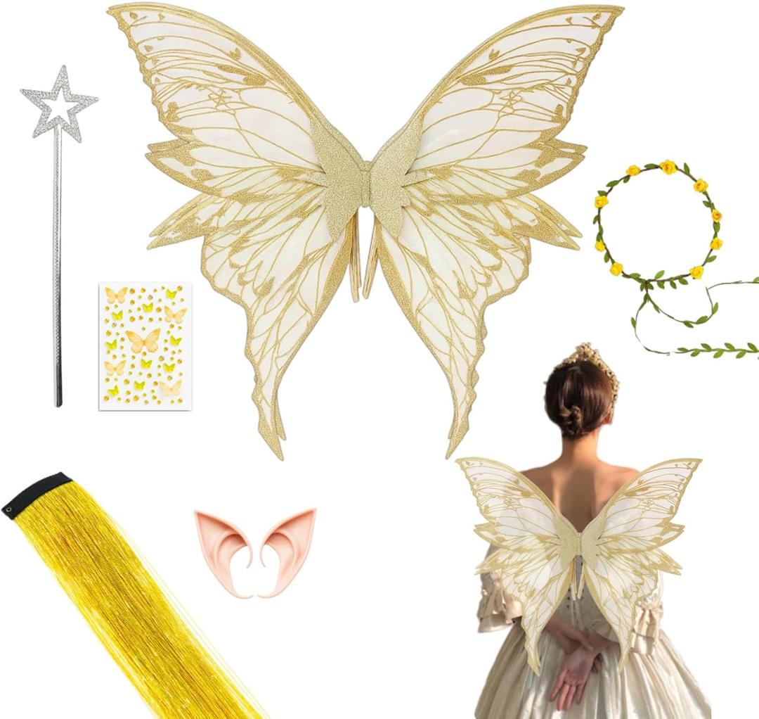 Fairy Wings for Adult Women, Fairy Wings Costume Set with Magic Wand and Elf Ears, Fantasy Accessories for Halloween Party, 6-Piece Fairy Costume Women (Gold)