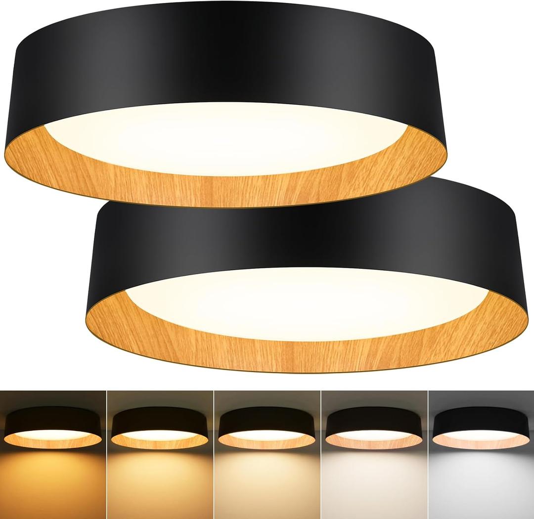 BrightHome 2-Pack 16in Flush Mount Ceiling Light, 3000LM 30W(300W Equiv), LED Ceiling Light Fixture 5CCT 2700K 3000K 4000K 5000K 6000K, Dimmable Ceiling Lamp for Bathroom Hallway, Black and Wood