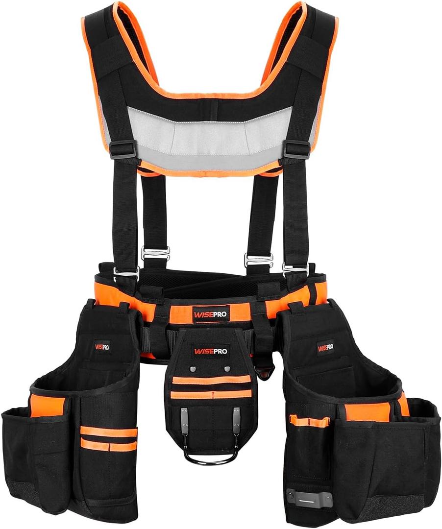 Tool Belt with Suspenders, Adjustable Electrician Tool Belt Organizer with Detachable Tool Pouch Bag & Hammer Holder, Heavy Duty Tools Pouch Belt for Carpenter Electrician Framers (Black Orange)