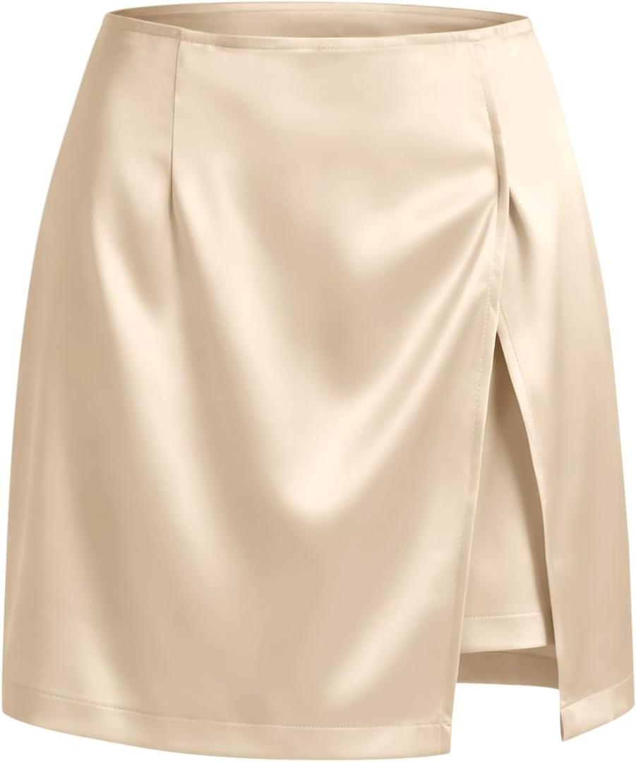 Cicy Bell Womens Satin Mini Skirt High Waist Side Slit Work Casual Skirts | Built-in Shorts, A-line, Silky Wrap Skort, Dressy Office Wear (Beige, L)