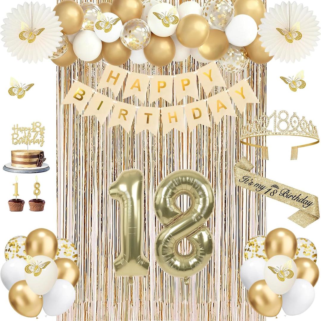 18th Birthday Decorations for Girls, Champagne Gold 18th Birthday Party Decorations, 18 Sash and Crown, Banner, Fringe Curtains, Hanging Paper Fans, Happy 18 Year Old Gifts for Girls