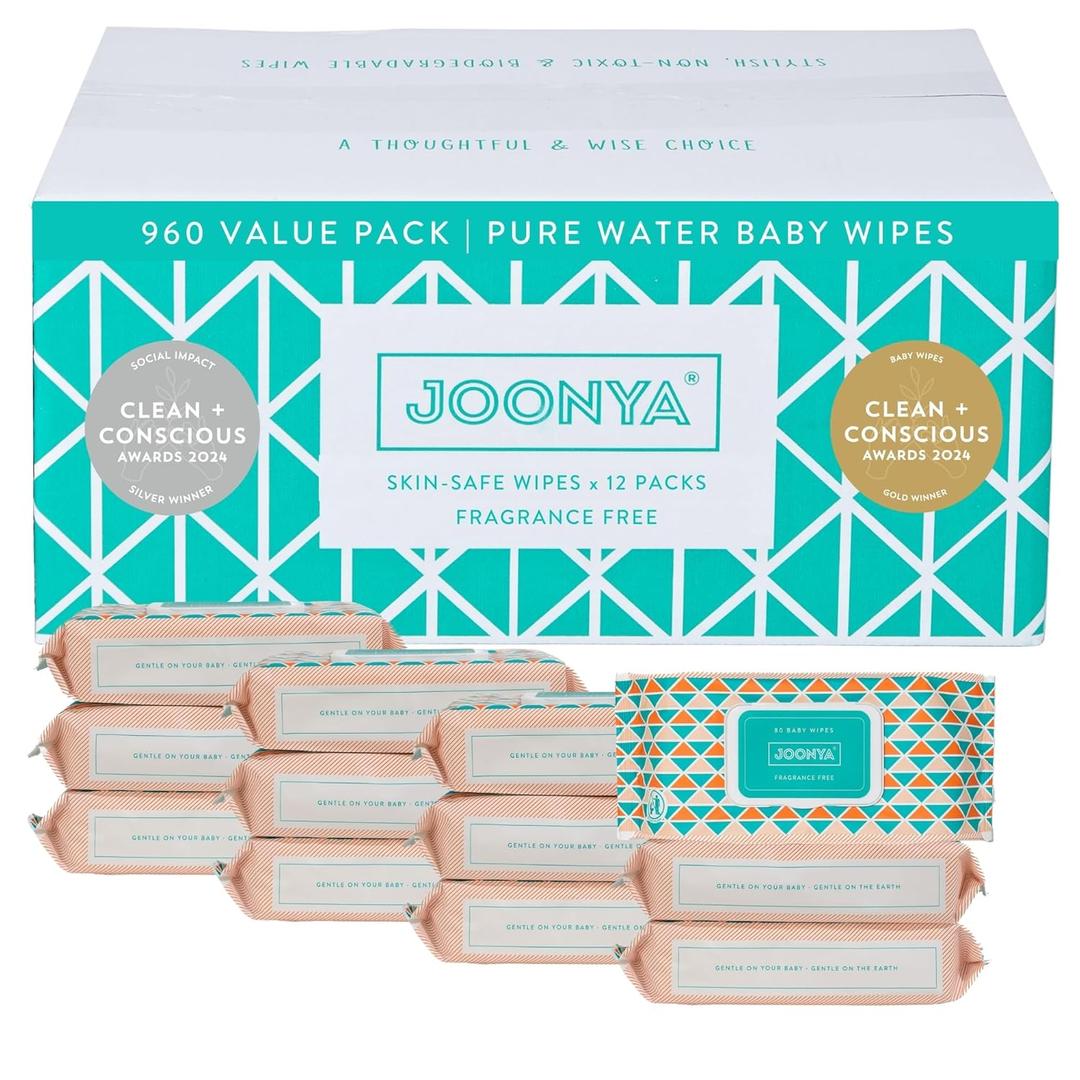 JOONYA Unscented Baby Wipes  Plant-Based, Fragrance-Free Bulk Diaper Wipes | Hypoallergenic, Non-Toxic & Biodegradable Wet Wipes for Sensitive Newborn Skin | 12 Packs of 80 Wipes (960 Total)