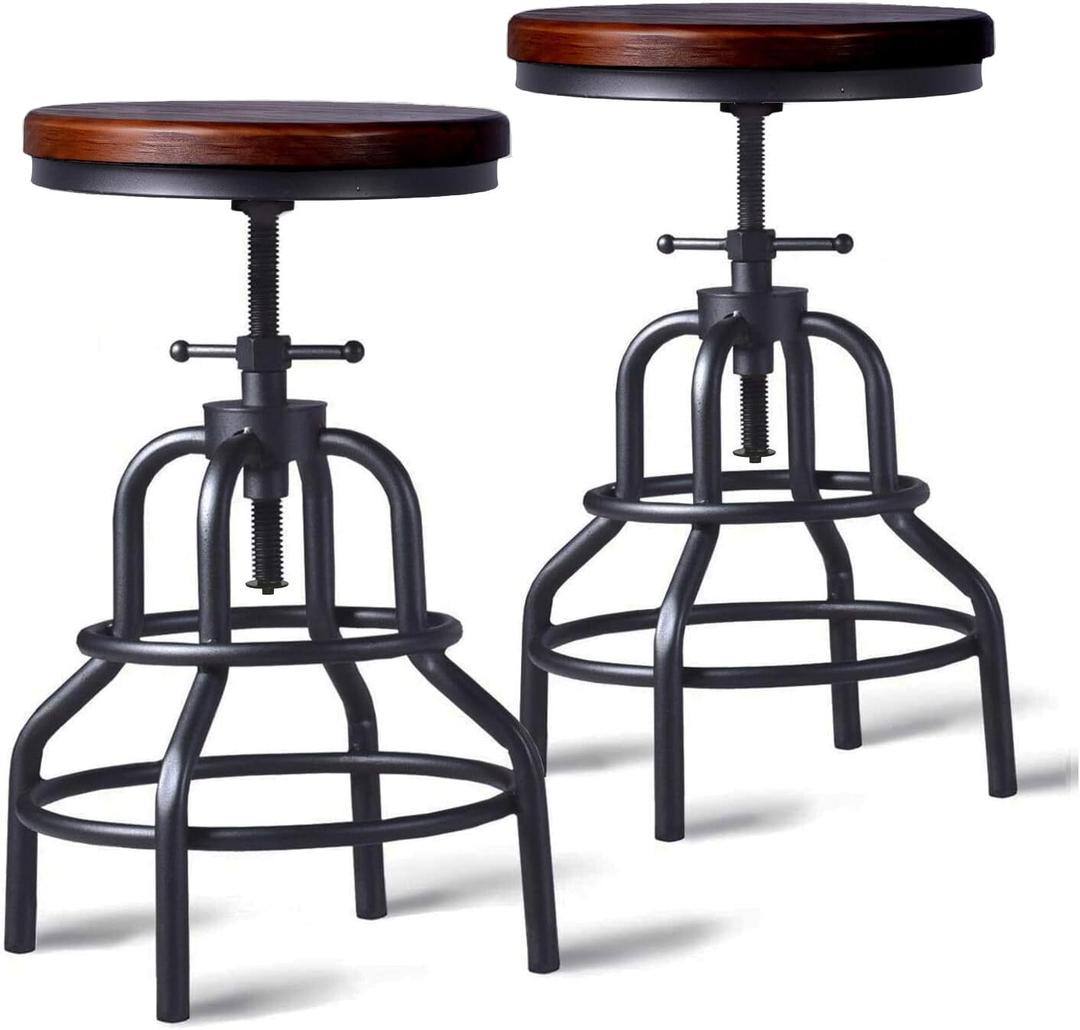 LOKKHAN Vintage Industrial Bar Stool - Rustic Swivel - Round Wood Metal - Kitchen Counter Height Adjustable - Pipe Stool - Cast Steel - 20-27 Inch (Set of 2) (Dark Walnut Wood)