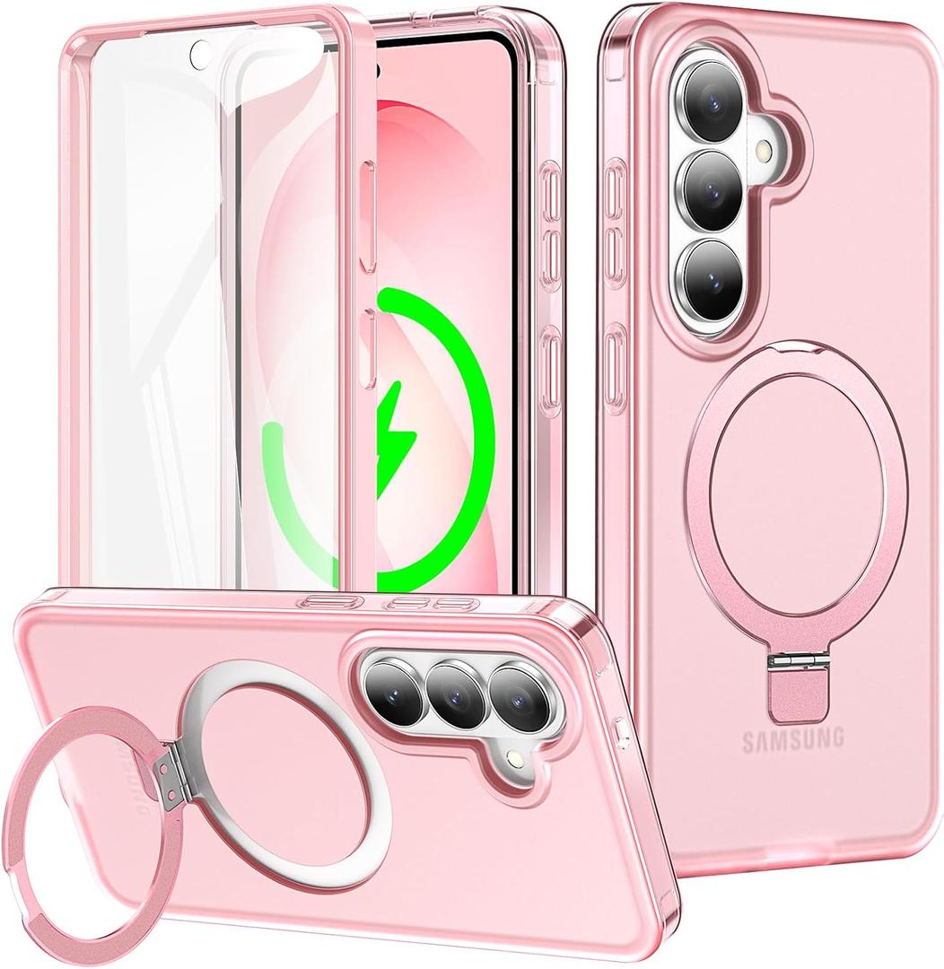 for Samsung Galaxy S26 Case with Magnetic Invisible Stand[Compatible with MagSafe] with Screen Protector Dual Layer Full Body Military Shockproof Translucent Phone Cover-Pink