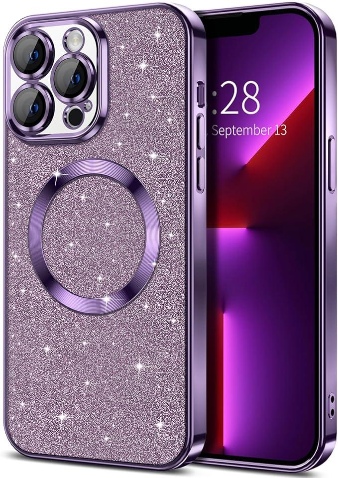 Hython for iPhone 14 Pro Max Case Glitter, Clear Magnetic Phone Cases with Camera Lens Protector [Compatible with MagSafe] Bling Sparkle Plating Soft TPU Slim Shockproof Protective Cover WomenPurple