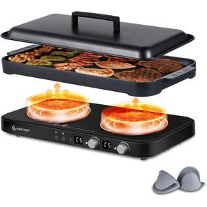 AMZCHEF Double Induction Cooktop with Removable Griddle Pan Non-stick, 1800W 2 burner Portable Induction Stove With Sensor Touch 9 Power Levels, 99 Min Timer, Black