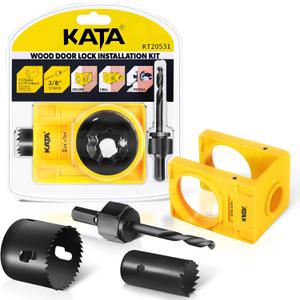 KATA 1-3/8" - 1-3/4" Door Lock Installation Kit with Large Chip-Clearance Slots, Door Lock Hole Saw for Deadbolts and Locksets for Wooden Doors with Guide Template, Carbon Steel (Black)
