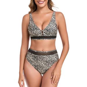 RELLECIGA Women's V Neck Bikini Set Mesh High Waisted Tummy Control Bathing Suit 2 Piece Swimsuit (S)