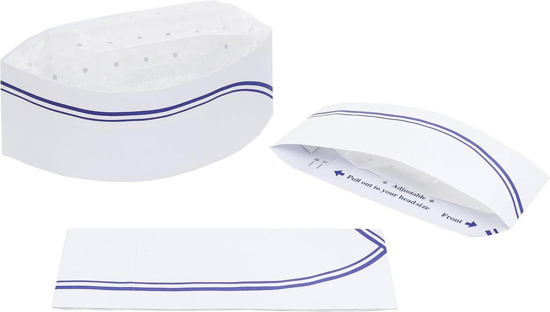 KingSeal Disposable Cook's Cap, Overseas Soda Jerk Cap (White With Blue Stripe)