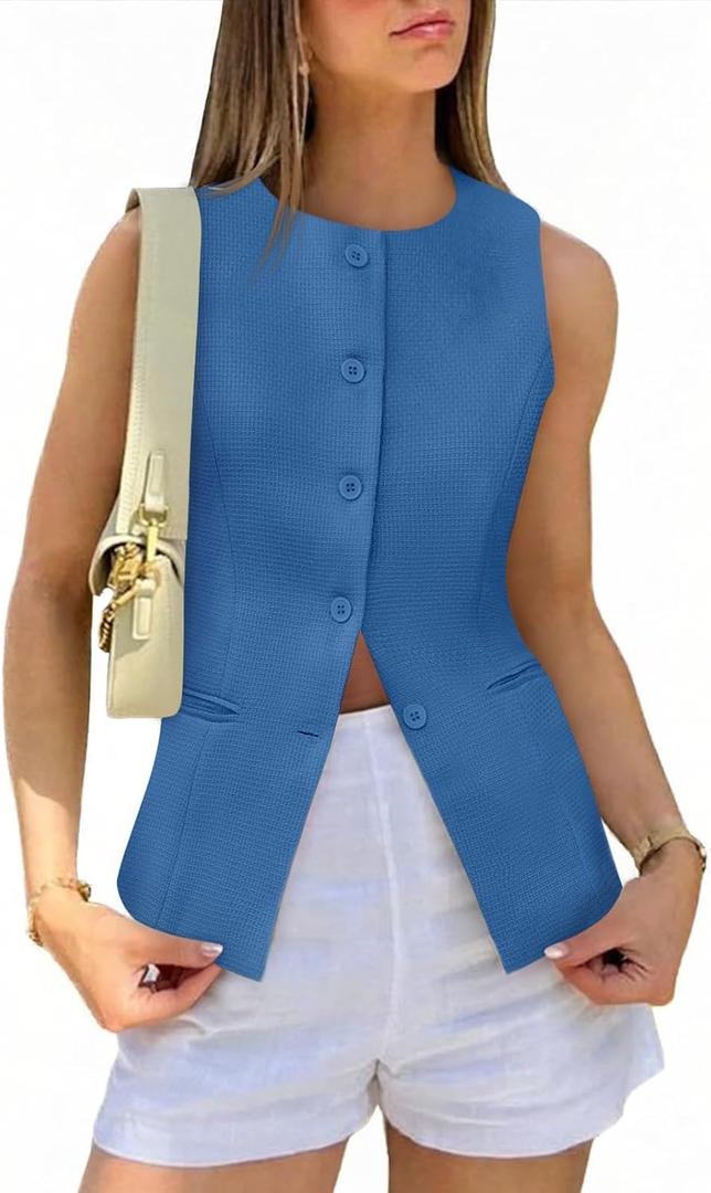 Tankaneo Womens Tweed Sleeveless Vest Crew Neck Button Down Fitted Blazer Vest Tops Work Casual Waistcoat (L)
