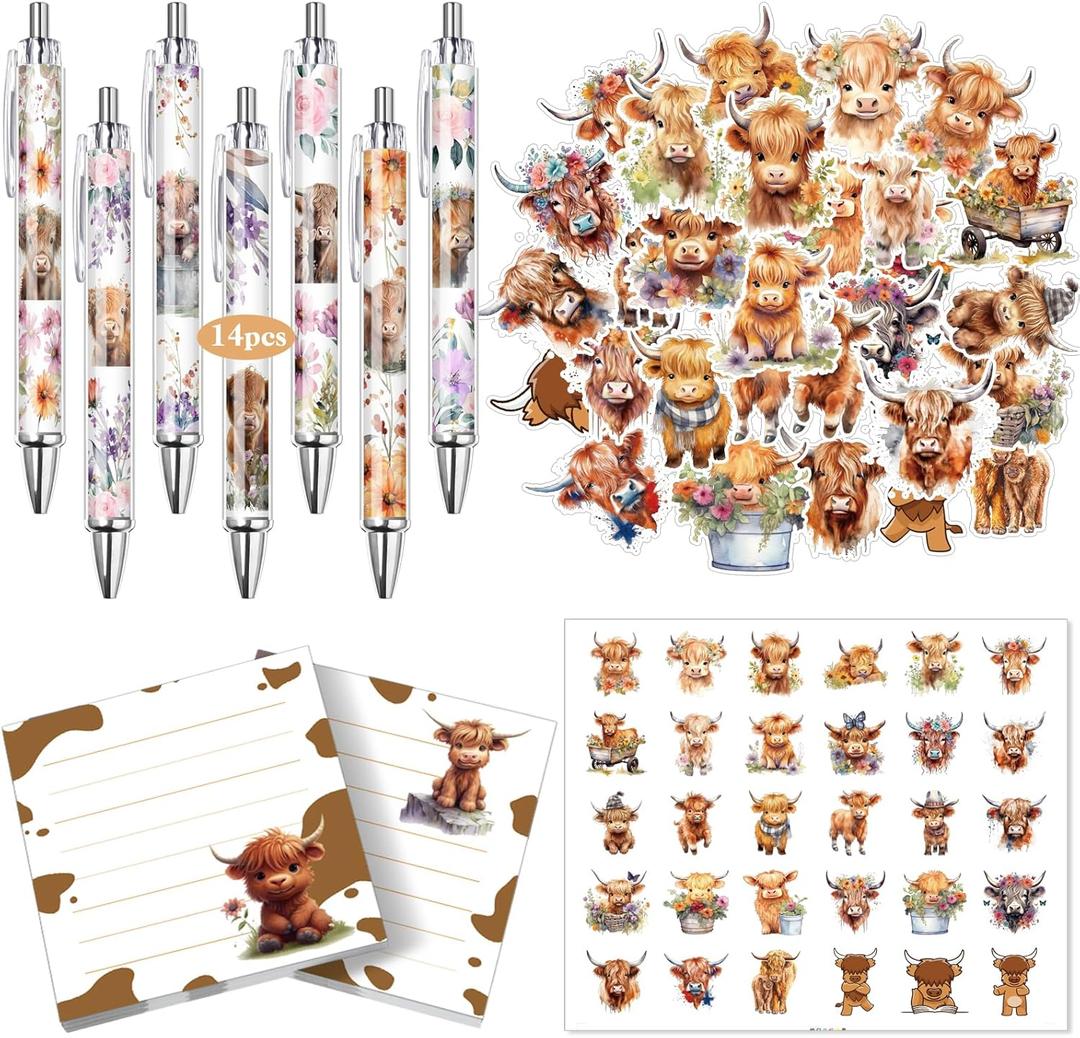 18 Pcs Cute Highland Cow Floral Gifts Highland Office Supplies Cow Pens with Stickers Sticky Notes Aesthetic Stuff Car Stationery Gifts for Decor Teachers Nurse