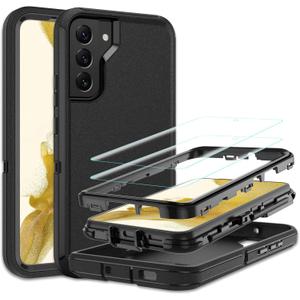 for Samsung Galaxy S22 Case with [2 Pack] HD Screen Protector, [Military-Grade] Shockproof Dust/Drop Proof 3-Layer Full Body Protection Heavy Duty Case for Samsung S22, Black