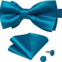 DiBanGu 3PCS Bow Ties for Men Pre-Tied Bow Tie and Pocket Square Set Adjustable Solid Satin Formal Tuxedo Bow Tie Wedding (Blue)