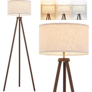 ELYONA Wood Tripod Floor Lamp Brushed Brass Metal & 3 Color Temperatures LED Bulb Vintage Wooded Standing Lamp Industrial Tall Light for Living Room Bedroom Office Beige Linen Shade Dark Brown & Gold