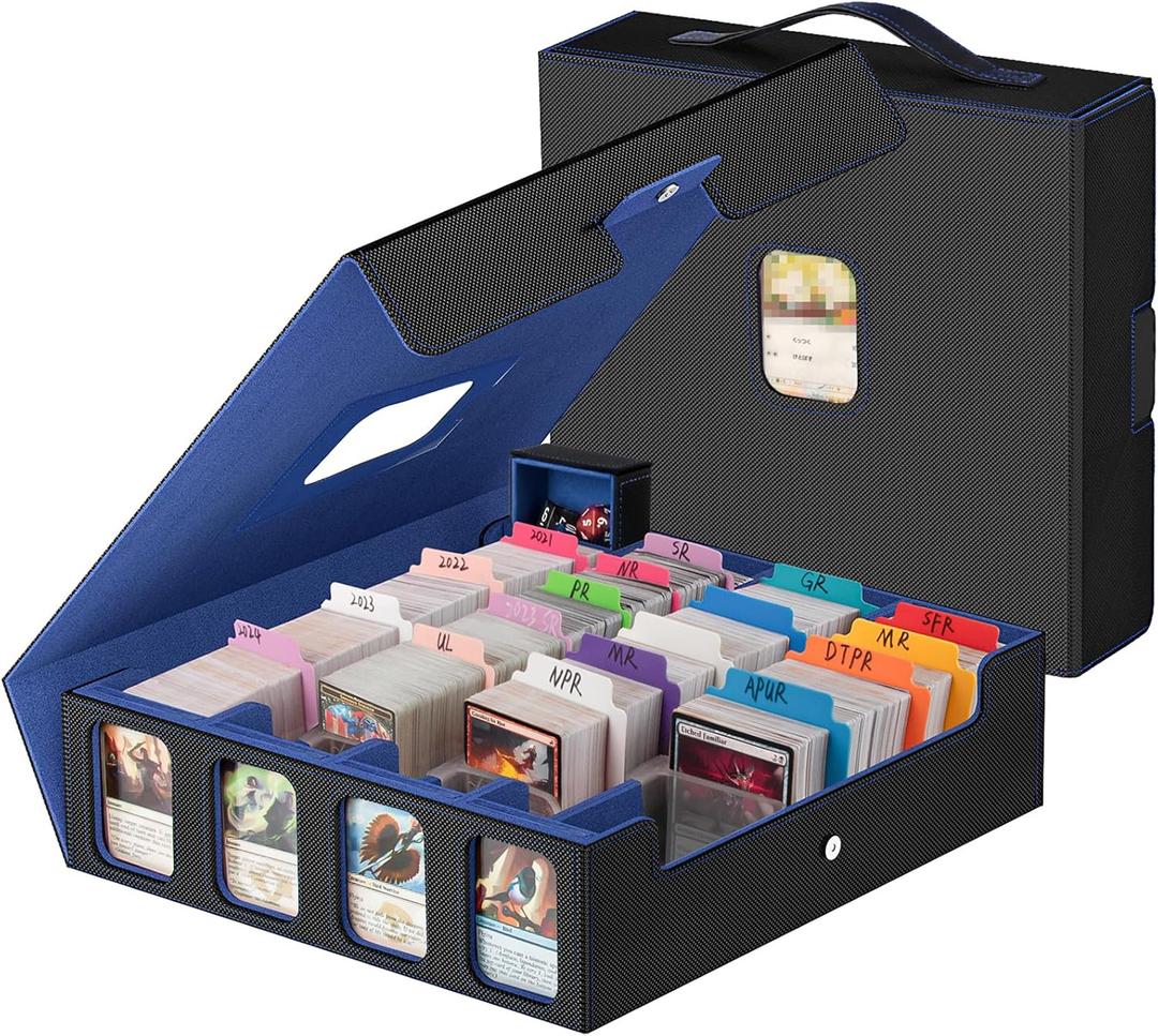 3200+ Trading Card Storage Box with Commander Display, 4-Row TCG Card Box with Portable Handle, Compatible for TCG/MTG/Magic Cards, 30 Colorful Divider, 8 Supporters, US Design Patent (Black&Blue)