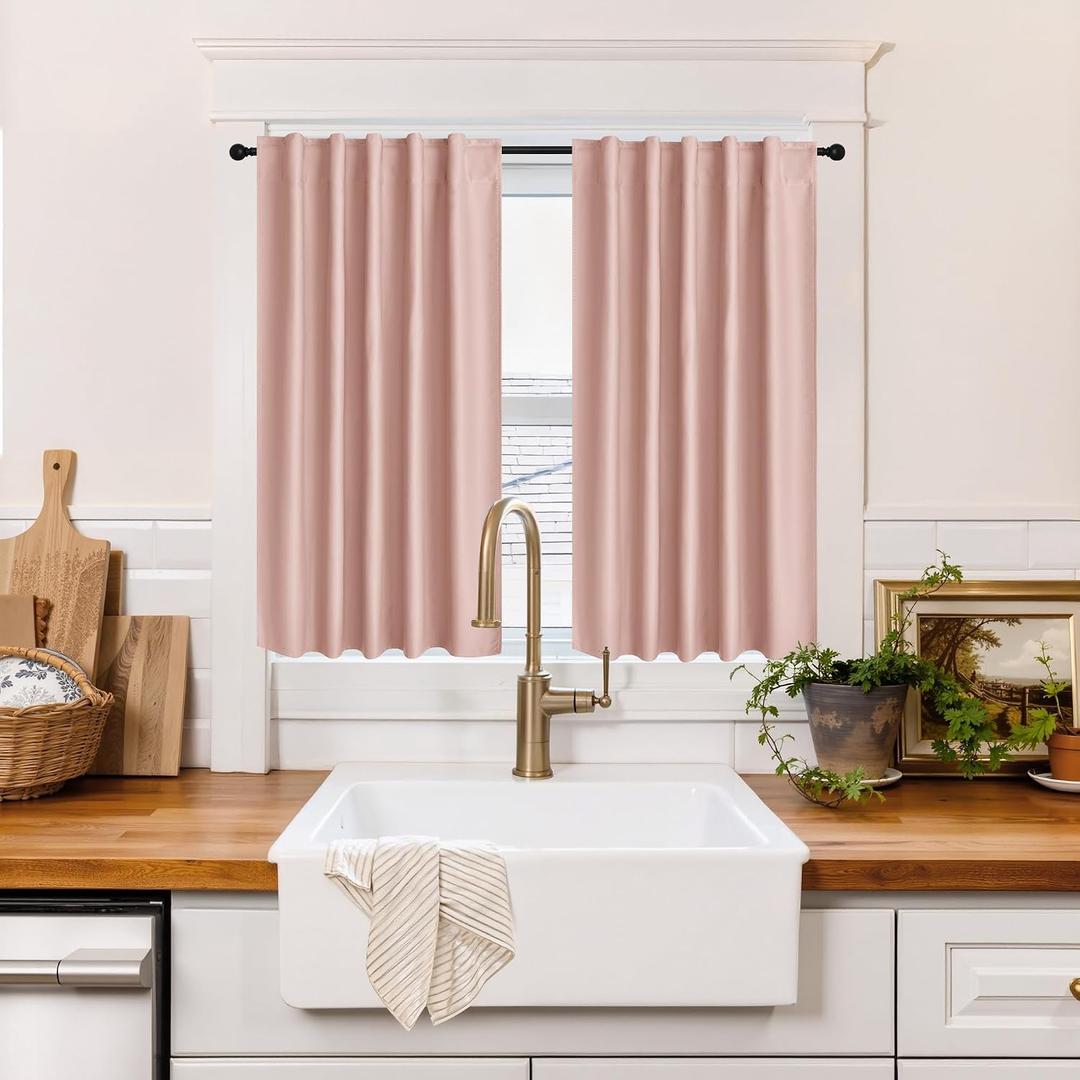 RYB HOME 100% Blackout Short Curtains for Small Window, Thermal Insulated Noise Reducing Back Tab Curtains for Nursery Bathroom Basement, 34 inches Wide by 45 inches Long, Peach Pink
