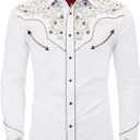Men's Western Cowboy Shirt Embroidered Long Sleeve Casual Button Down Shirt (3X-Large, White)