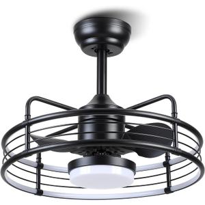 Asyko Caged Ceiling Fan with Light - Bladeless Black Ceiling Fans with Remote, Reversible and Dimmable, Low Profile Flush Mount Ceiling Fan with 6-Speed, Enclosed Led Fan Light for Bedroom