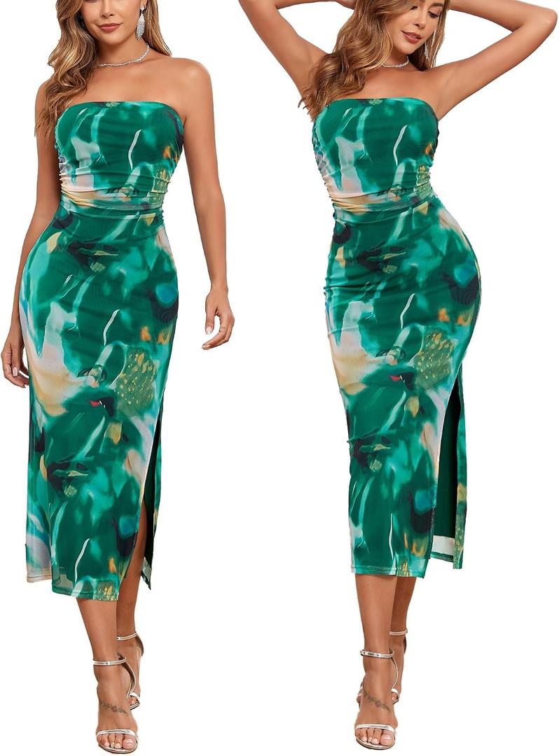 ALENDA DANMOS Womens Strapless Printed Midi Dress with Slit Floral Mesh Tube Top Dresses Ruched Bodycon Party Club Dress 333 (Green, M)