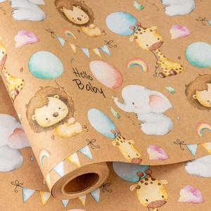 Retrify Baby Shower Kraft Wrapping Paper, 17 Inch x 32.8 Feet Cute Lion Elephant Themed Colorful Balloon Rainbow Gift Wrap with Grid Cutting Lines for Boy Girl Kid Birthday (1 roll (Pack of 1), Brown Animals)