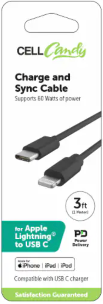 CellCandy Charge and Sync Cable -Black, 3 ft  
