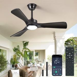 Black Ceiling Fan with Light: 42-Inch Ceiling Fan 3 Blades Low Profile Outdoor - Modern Ceiling Fans with Remote APP Control Quiet Reversible DC Motor for Patio Living Room