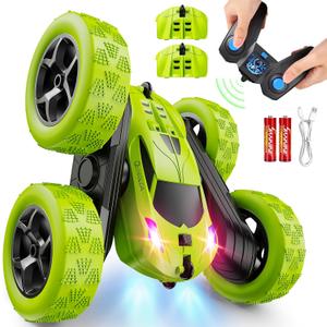 Remote Control Car for Kids Ages 6+, RC Cars Stunt Car Toy 4WD Double Sided 360 Rotating Remote Control with Headlights, Birthday Xmas Gifts for Boys 6 7 8 9 10 11 12 Green