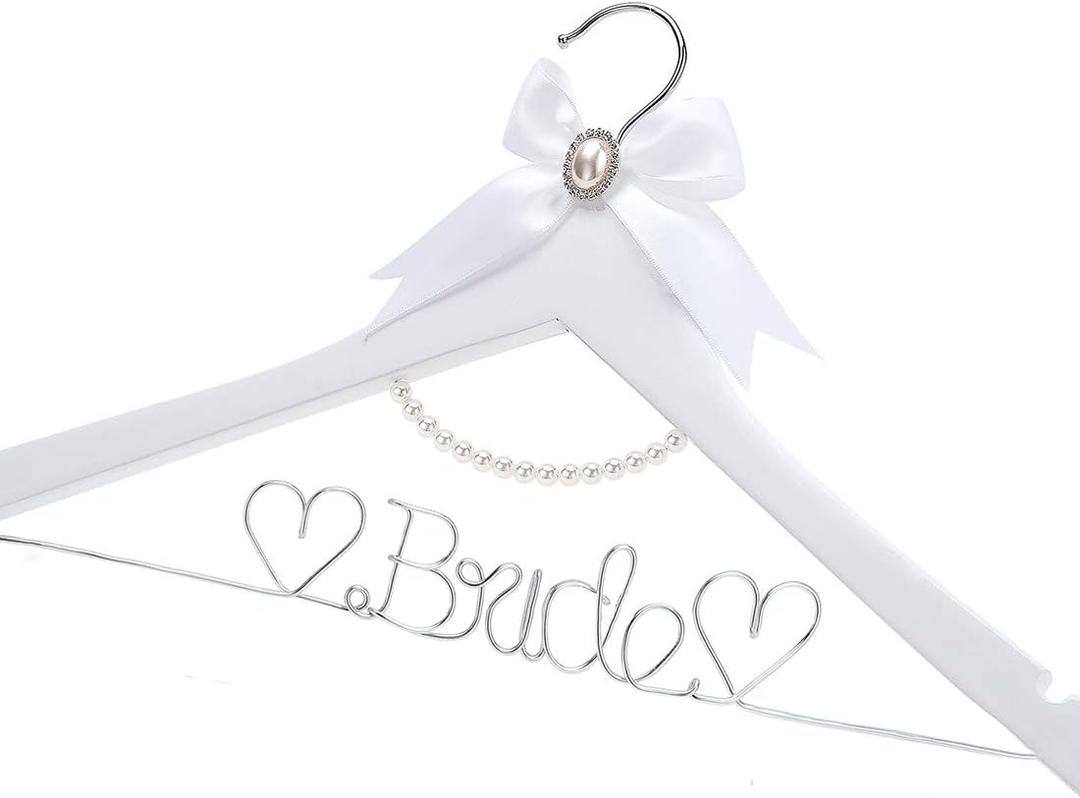 White Solid Wood Bridal Dress Hanger with Bridal Wire Lettering for Bridal Wedding Party Gift (White Hanger Silver Thread and Pearl Chain)