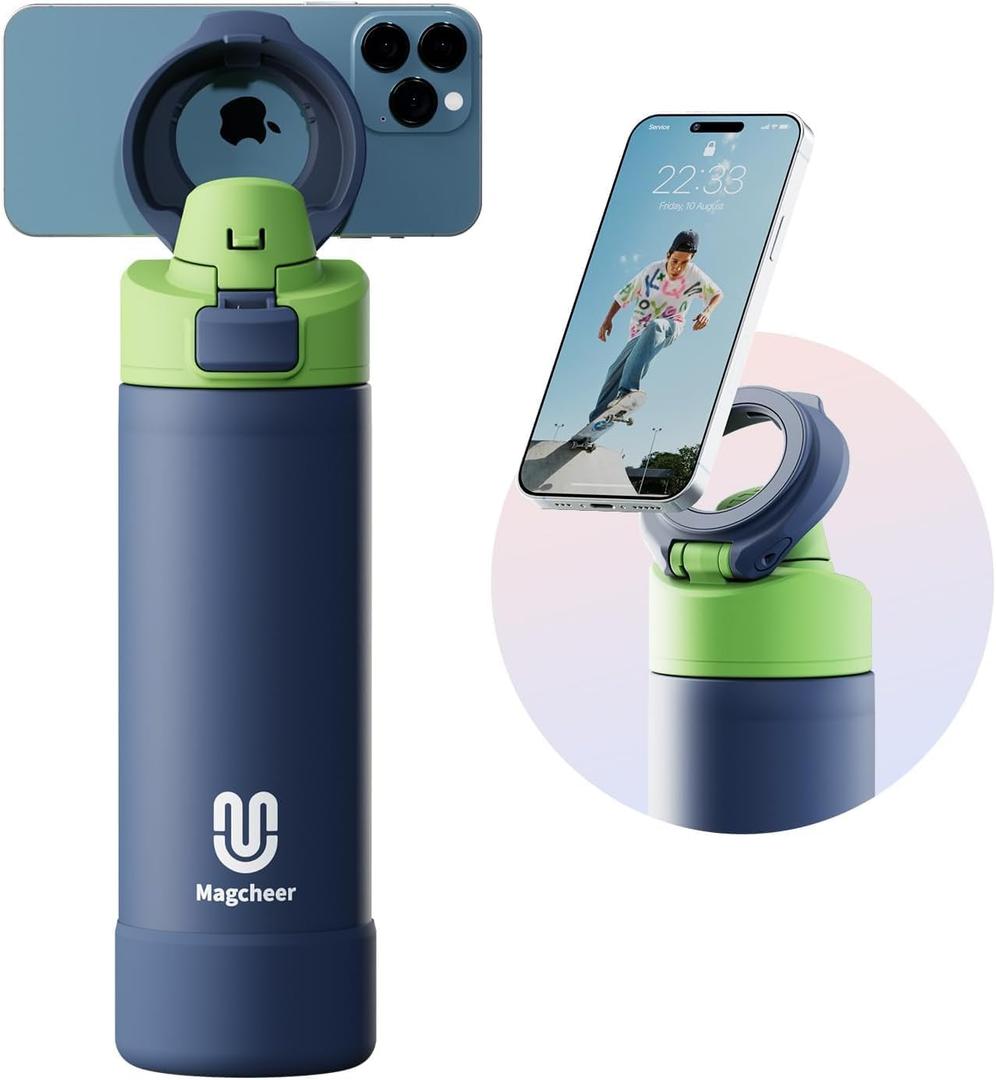 Insulated Magnetic Water Bottle - Reusable Stainless Steel Bottle with MagSafe Compatible Phone Holder -Keeps Cold for 24 Hours - Perfect for Gym, Sports, and Travel- Navy Blue 24oz