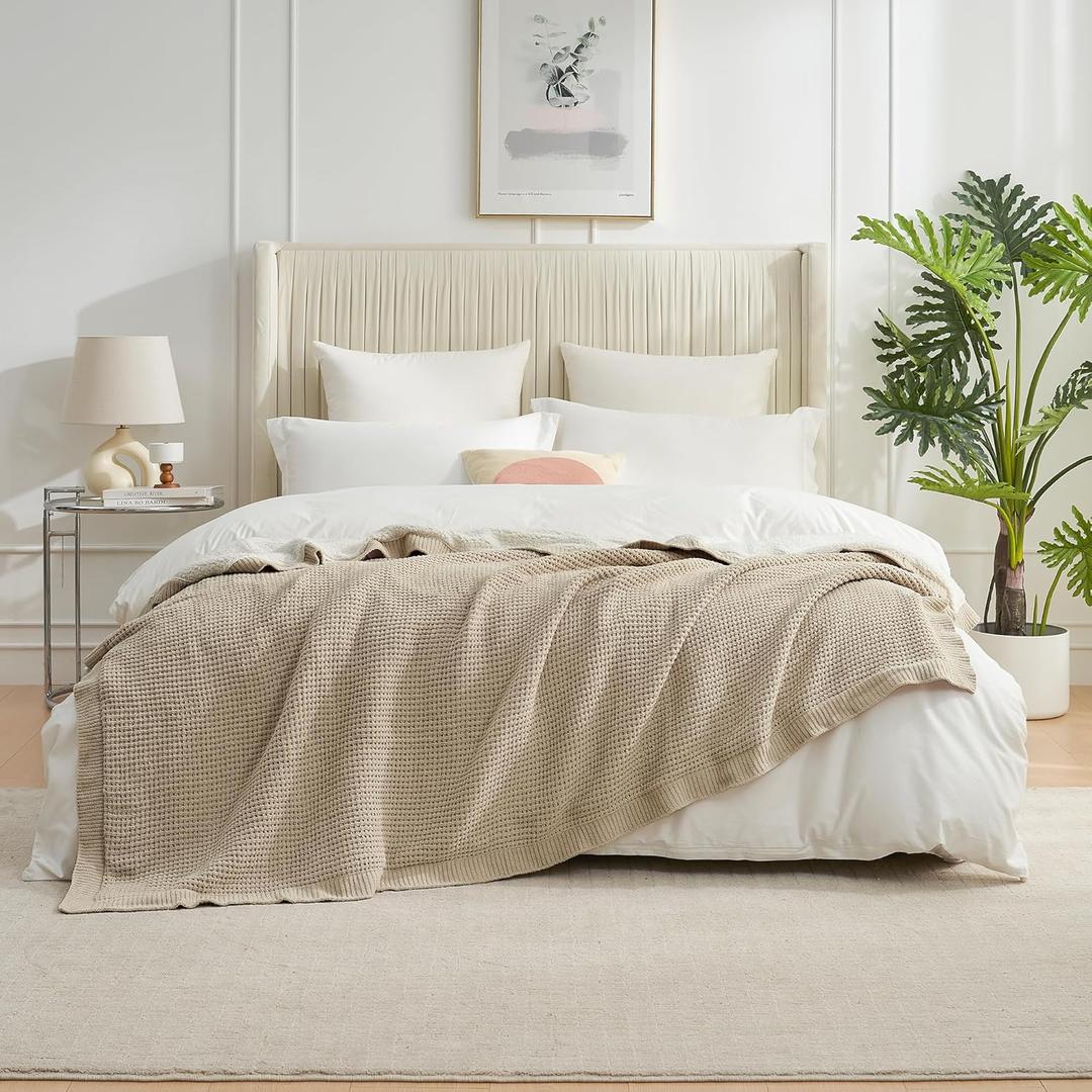 Amlie Home Reversible Waffle Weave Throw Blanket, Chenille Knit with Warm Sherpa, Soft Cozy Blanket for Bed, 60"x80", Beige