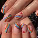 3 x 24Pcs Press on Nails Short, Rainbow Fake Nails Square, Glitter Press on Acrylic French False Nails Tips with Design, Colorful Stripes Heart Glossy Artificial Nails Gay Pride Stick On Nail