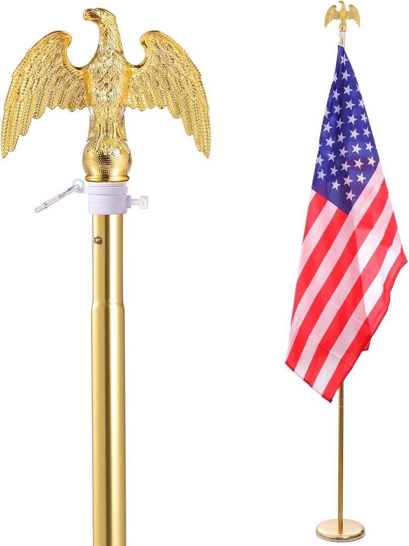 iElyiEsy 6FT Indoor Flagpole Kit, Deluxe Gold Eagle Topper Sectional Flag Pole with Base Stand, Premium Aluminum Pole Heavy Duty Flag Pole with 3x5Ft US Flag for Schools, Office, Hall