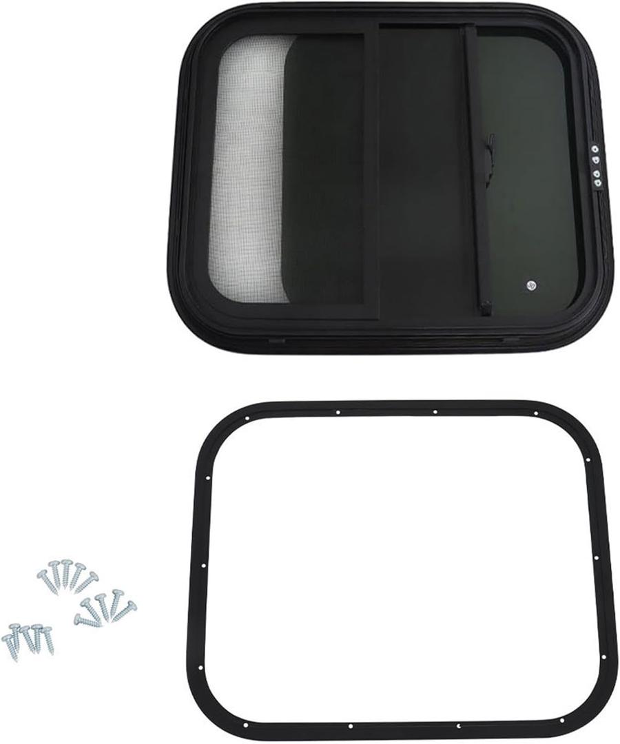 labwork 24W x 20H Aluminum Alloy Tempered Glass Window Horizontal Slider RV Window Cargo Trailer W/ Screen Black
