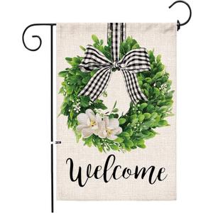 Hexagram Summer Welcome Garden Flag 12x18 Inch Outside, Mailbox Decor, Seasonal Outdoor Burlap Double Sided Summer Spring Flags for Outside, Boxwood Wreath Buffalo Plaid Yard Farmhouse Flag Decoration