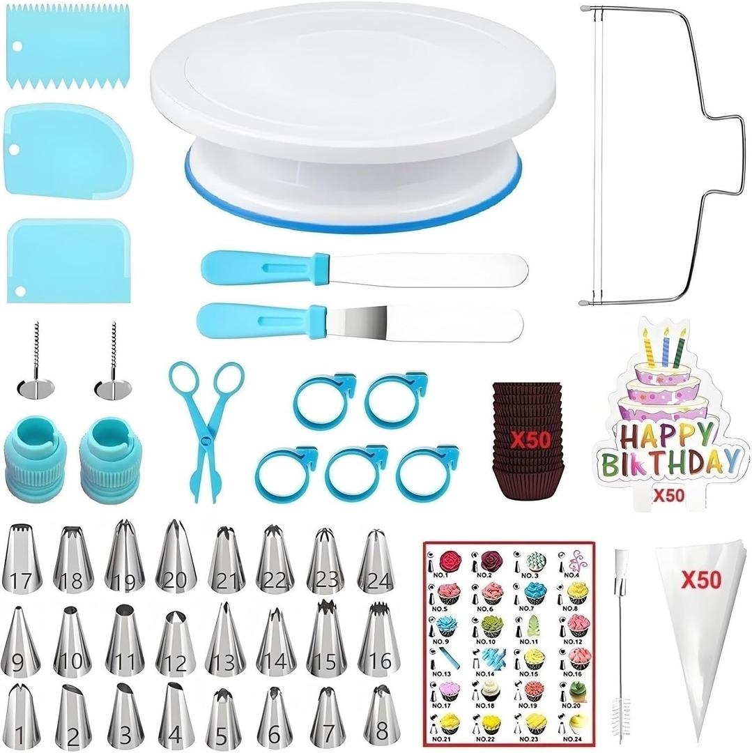 ANSLYQA 193 Pcs Cake Decorating Kit with Cake Turntable, Cake Leveler, 24 Numbered Icing Tips, 2 Spatulas, 2 Couplers, 3 Comb Scrapers, 50 Pastry Bags, 50 Paper Cupcake Liners, 50 Cake Flags, Blue