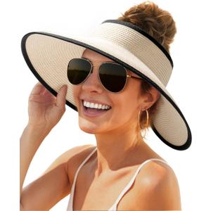 FURTALK Sun Hats for Women Wide Brim Beach Hat Straw Visor Ponytail Summer UV Packable Foldable Beach Vacation Essentials