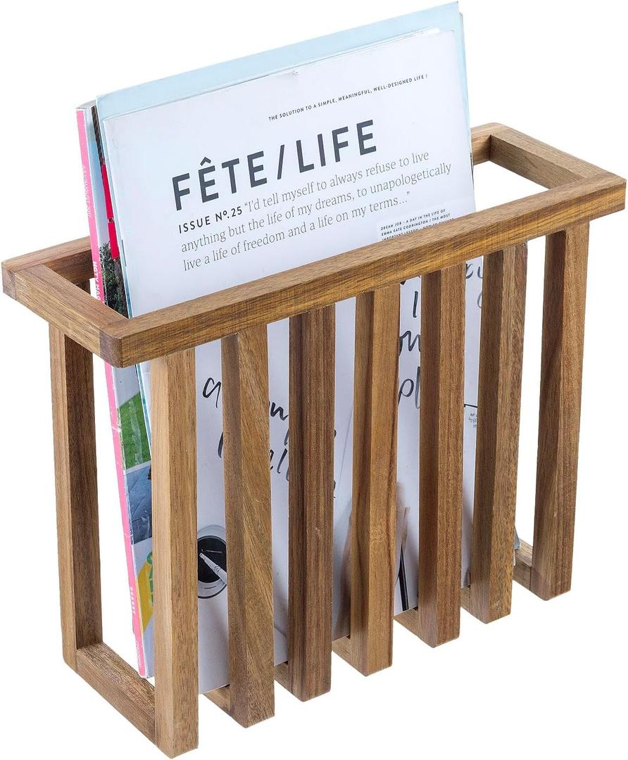 MyGift 11 Inch Premium Acacia Wood Wall Mounted Magazine Rack and File Folder Holder, Mid Century Modern Home Office Hanging Storage for Oversized Magazines