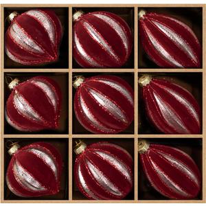 DN DECONATION Burgundy Red Glass Christmas Ornaments, Flocked Velvet Hanging Ball Ornament with Assorted Sizes & Designs, Matte Glass Ornament for Vintage Xmas Tree Home Party Decor (9PCS) (Set of 9)