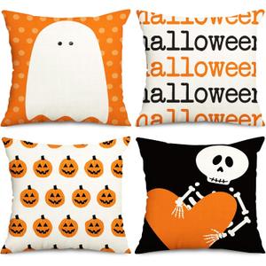 Whaline 4Pcs Halloween Pillow Covers Spooky Skeleton Ghost Pumpkin Throw Pillow Case 18 x 18 Inch Decorative Cushion Cover for Home Office Couch Sofa
