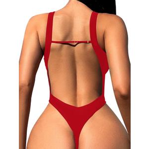 Foxiny Sexy Backless Cheeky High Cut Leg Thong V Neck One Piece Swimsuit Large