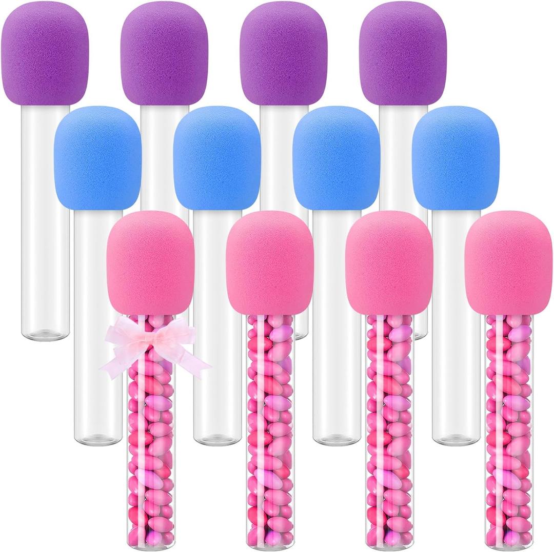 12 Pcs Microphone Candy Tubes Kpop Themed Decor Karaoke Theme Birthday Party 10'' Fake Prop Microphone Plastic Toy for Disco Singer Stage Costume Prop, Candy Not Included (Purple,Pink,Blue)