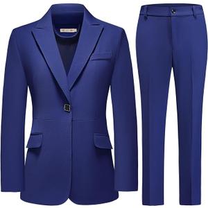 Women's Suit Formal Slim Fit 2 Piece One Button Business Casual Blue Lady Dressy Blazer Jacket Pants Set for Work Office L