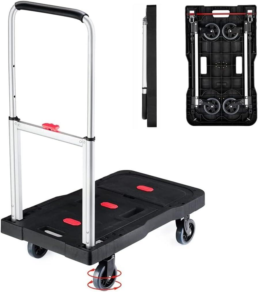 Folding Hand Truck Platform Truck 330 Lbs Heavy Duty Dolly Cart with Wheels, Fully Folded Push Cart, Portable Trolley Utility Cart for Easy Storage, Garage Moving Shopping Home Office (26.8" x 16.1"Platform, 4x 4" All Foldable Tpr Wheels)